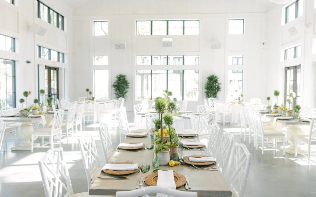 A brightly lit meeting room with a long table set for dining, surrounded by white chairs and decorated with plants and a centerpiece.