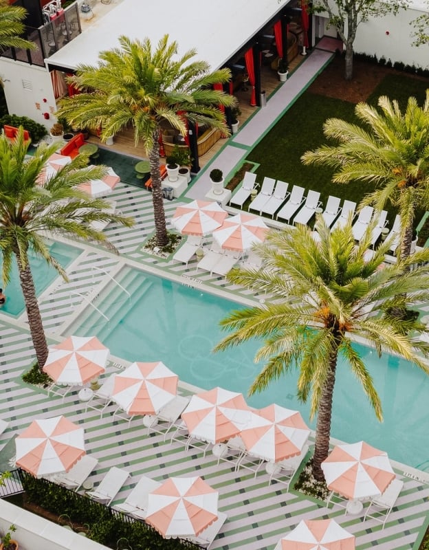 Aerial view of Bardo's outdoor pool and lounge area