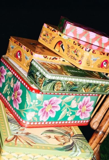 Colorful decorated tin boxes