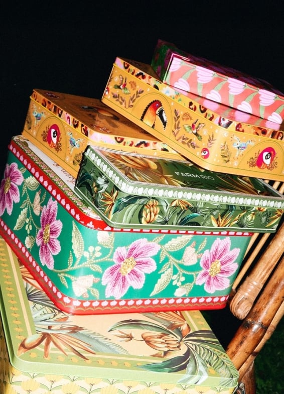 Colorful decorated tin boxes